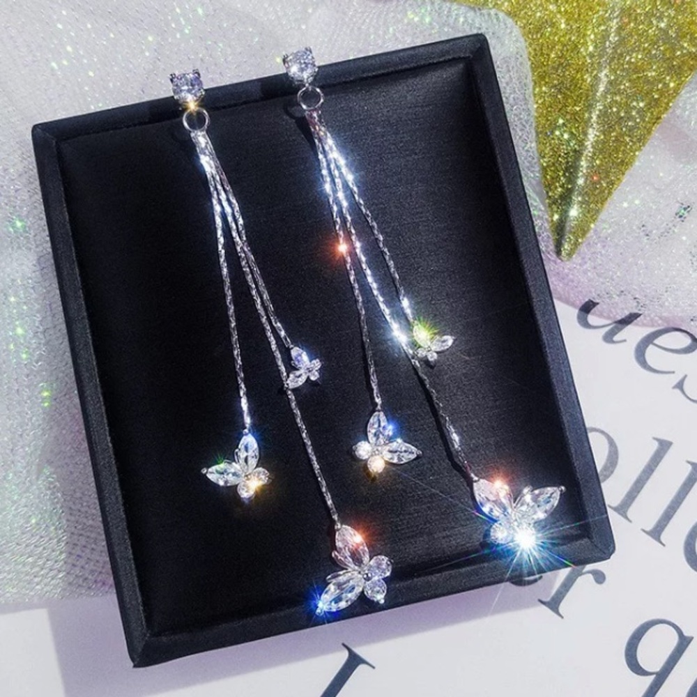 🌟 Three Butterfly 🦋 Crystal Drop Long Earrings